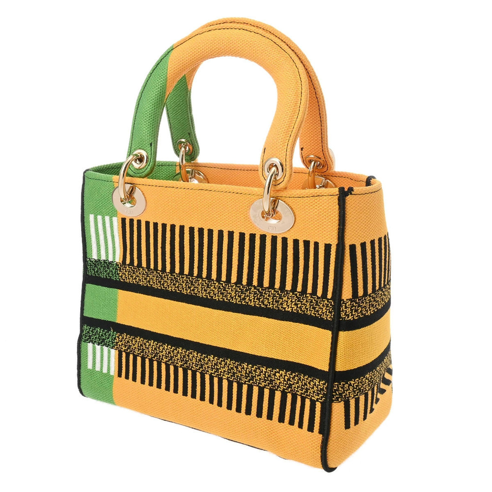 Dior D  CHRISTIAN Green Canvas LADY Handbag Yellow D Flower Lite Blue